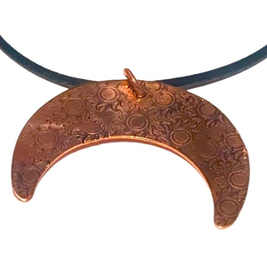 Handmade stamped copper celestial mandala pattern black leather‎ cord necklace